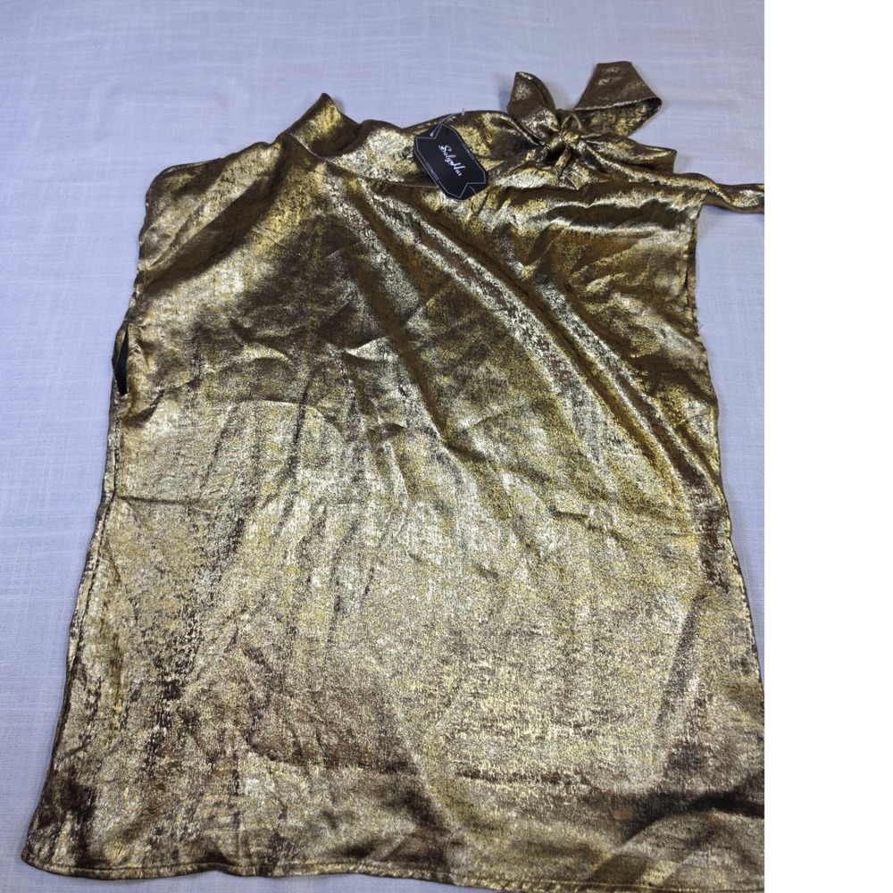 Soly Hux Womens Gold Metallic Sleeveless Tie Neck Bow Blouse Top Large NWT